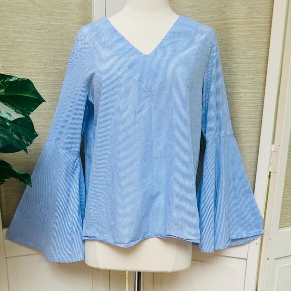 Philosophy Tops - Philosophy Blouse Blue White Pinstripe V Neck Bell Flutter Sleeves Boho Top